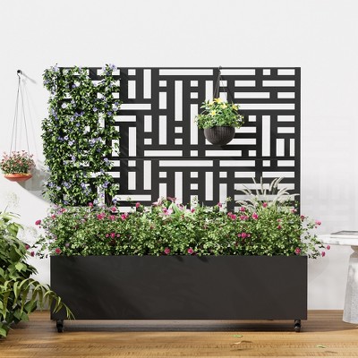Wooakway Black Metal Planter Box with Trellis Raised Garden Bed with Arbor Privacy Screen with Wheels
