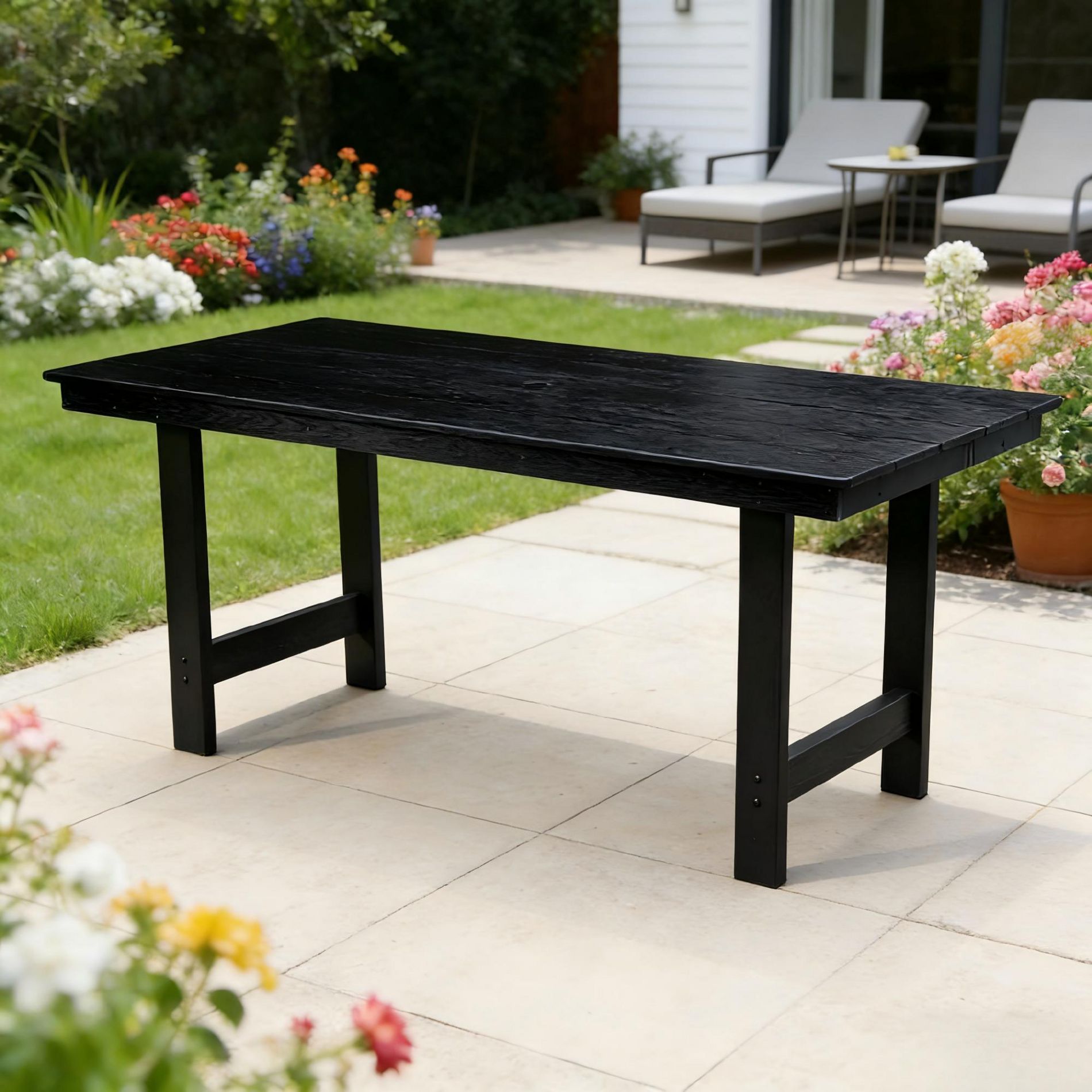 GDFStudio Evermont Outdoor All-Weather HDPE Dining Table with Umbrella Hole, Black