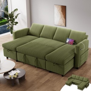 Vipbear Corduroy L-Shaped Couch Sectional Sleeper Sofa 81" Sleeper Sofa Bed with Pull Out Bed/Reclining Backrest/USB Ports/Storage,Tool-Free Assembly - 1 of 4