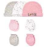 Hudson Baby Infant Girl Cotton Cap and Scratch Mitten 7pc Set, Love, 0-6 Months