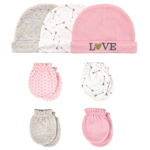 Hudson Baby Infant Girl Cotton Cap and Scratch Mitten 7pc Set, Love, 0-6 Months - image 1 of 1