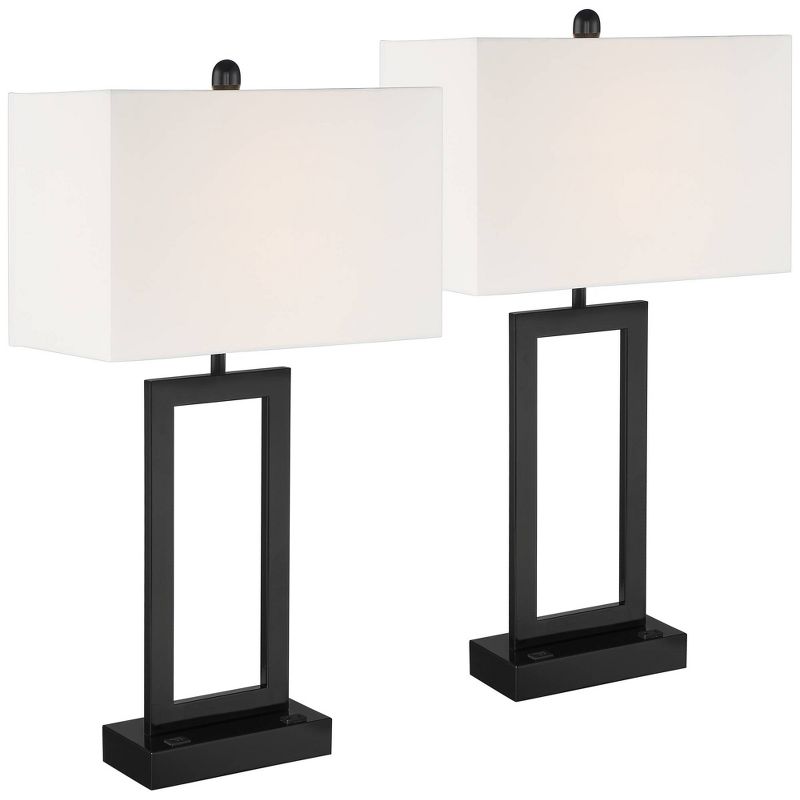 360 Lighting Todd 30" Tall Large Rectangular Modern End Table Lamps Set of 2 USB Port AC Power Outlet Black Metal Living Room Charging White Shade, 1 of 10