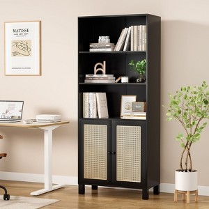 PexFix 5 Shelf Bookshelf with Rattan Doors White Tall Bookcase Display Shelves for Home Office Bedroom - 1 of 4