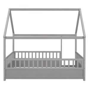 Cesicia Floor Wooden Bed with House Roof Frame, Fence Guardrails - 1 of 4
