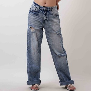 Women's High Waist Straight Leg Jeans - Distressed Wash with 5-Pocket Design Cherie Code - 1 of 4