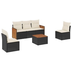vidaXL 6 Piece Patio Sofa Set with Cushions Black Poly Rattan - Black and Cream With Table - 1 of 4