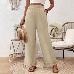 Women's Summer Casual Straight Leg Palazzo Pants Wide Leg Beach Fringed Hem Trousers with Pockets - 1 of 4