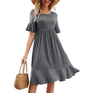 Tiered Dress Women Flowy Midi Summer Casual Short Sleeve Crewneck Swing Dress with Pockets - 1 of 4