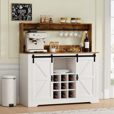 Snynuxx 47" Farmhouse Coffee Bar Cabinet with Shelves and Sliding Barn Door
