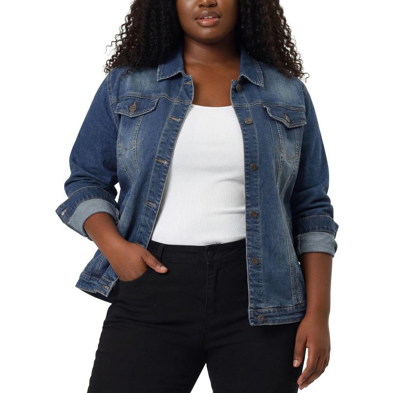Women's Plus Size Button Down Slant Pockets Washed Casual Jean Jackets with Pockets - Agnes Orinda Blue Large