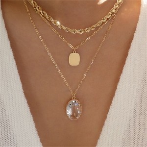 HTUTWOO Layered Gemstone Pendant Necklace, Gold Square Choker, Oval Crystal Necklace, Rope Chain Necklace Jewelry for Women - 1 of 4