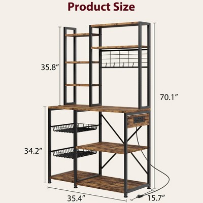 TROPOW Bakers Rack with Power Outlet, Microwave Stand with 2 Wire Drawer, Coffee Bar Station, 7-Tier Kitchen Bakers Rack with Large Storage, Rustic Brown — фото 7