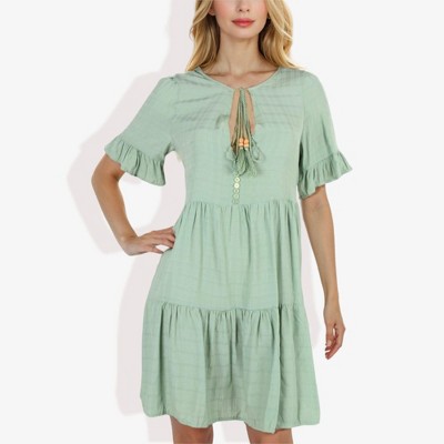 Anna-Kaci Women's Ruffle Sleeve Tiered Dress With Button And Tassel Detail- Medium, Green