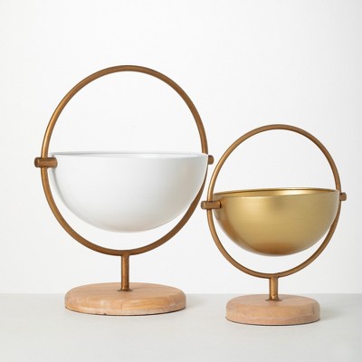 Sullivans Metal Bowl With Spherical Frame Base Set of 2, 14"H & 11"H White