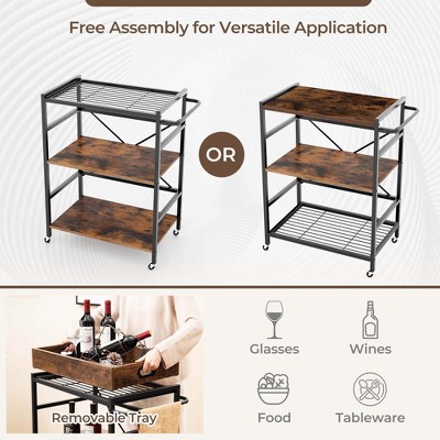 Rustic Brown and Black 3-Tier Bar Cart with Detachable Tray