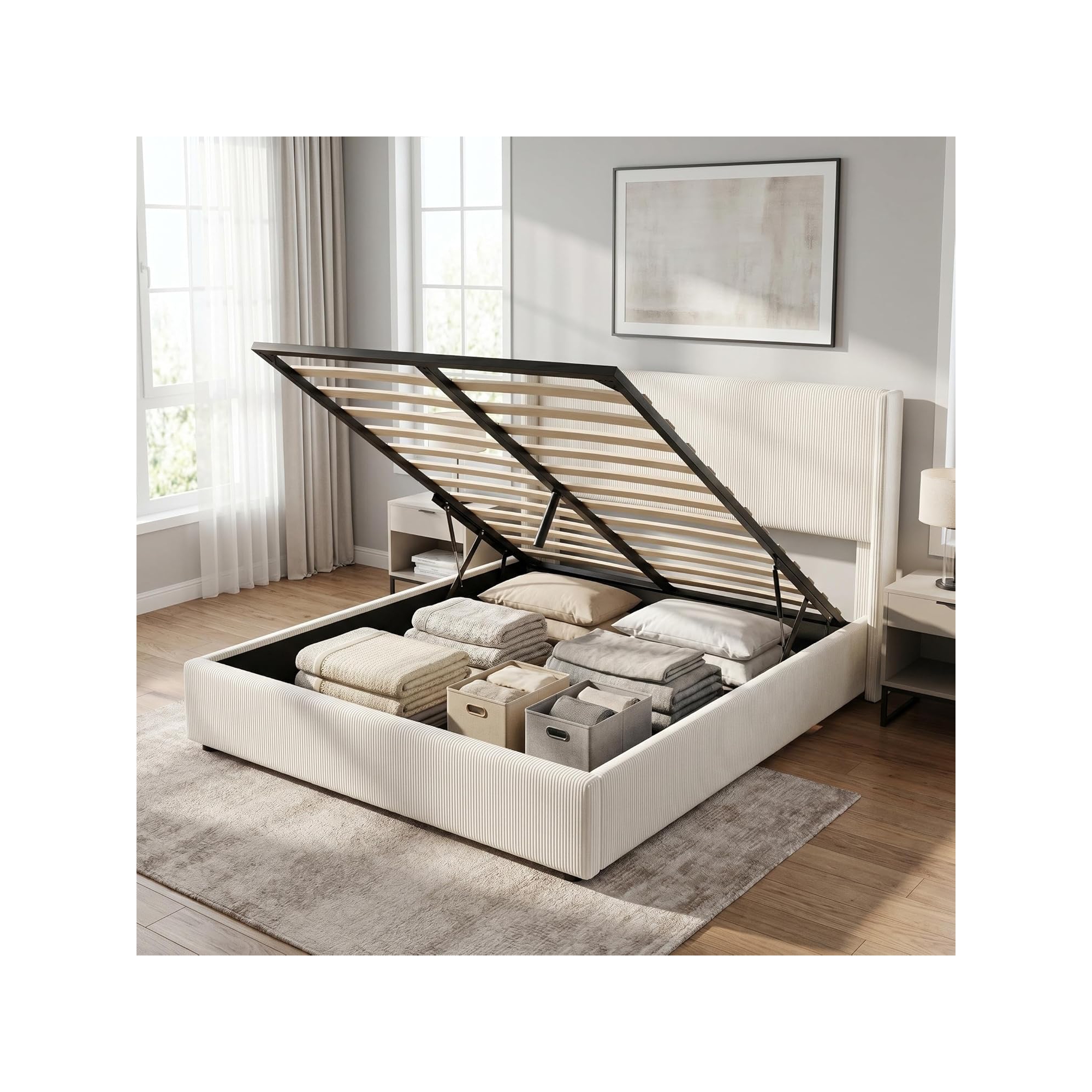 Lift Up Storage Bed Frame, Corduroy Upholstered Platform Bed with Headboard, Wooden Slats Support, No Box Spring Needed, Easy Assembly, King Size