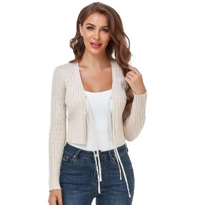 Coolmee Women's Shrug Sweaters Tie Front Long Sleeve Rib Knit Bolero Open Front Cropped Cardigan - 1 of 3