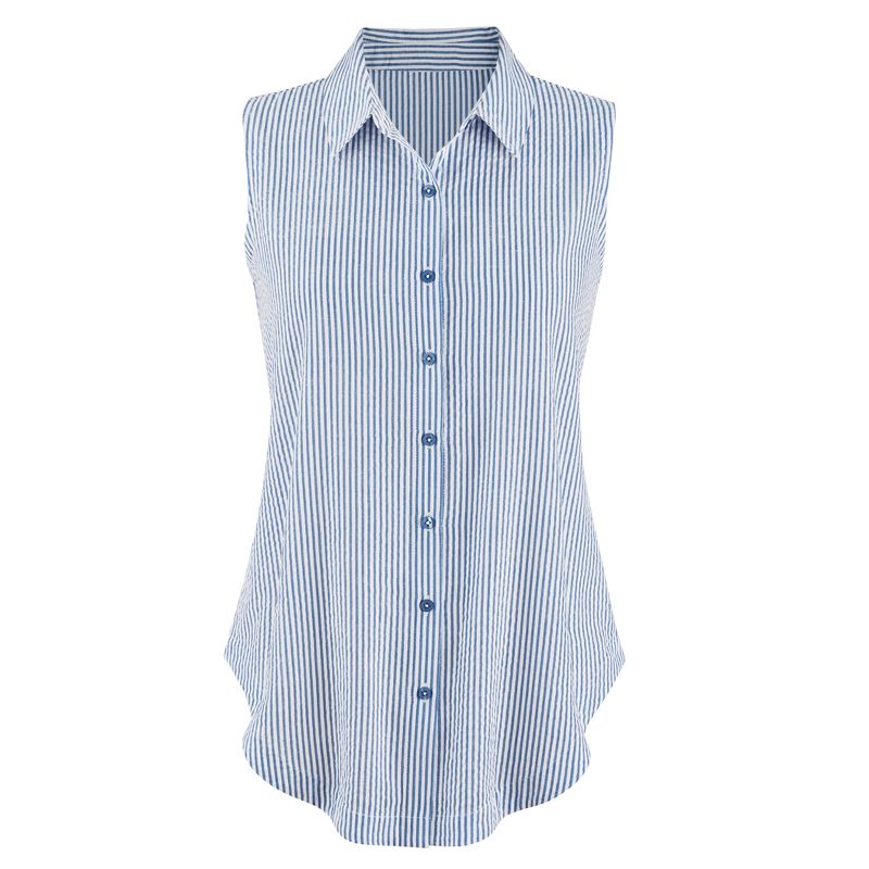 Collections Etc Striped Seersucker Sleeveless Button Front Shirt, 1 of 5