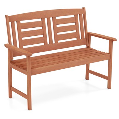 Tangkula Patio Wood Bench Garden Loveseat w/Inclined Backrest Long Armrests Wood Grain