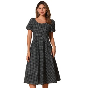 Allegra K Women's Plaid Summer Pleated Back Button Decor Puff Sleeve Maxi Dress - 1 of 4