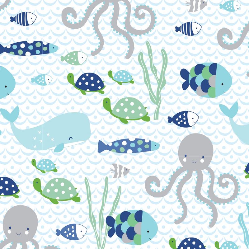 Lambs & Ivy Oceania 100% Cotton Fitted Crib Sheet - White with Blue Nautical/Aquatic Fish and Octopus, 3 of 4