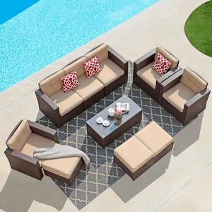 SUGOLD Super Patio 8 Piece Outdoor Furniture Set, Rattan Patio Conversation Set with Ottomans and Tempered Glass Coffee Table, Wicker Sectional - 1 of 1