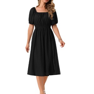INSPIRE CHIC Women's Eyelet Square Neck Short Puff Sleeve Casual A Line Summer Midi Dress - 1 of 4