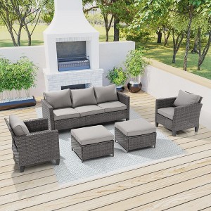 Sonkuki 5-Piece Patio Conversation Sofa Set Gray Rattan with Widen Armrest, - 1 of 4