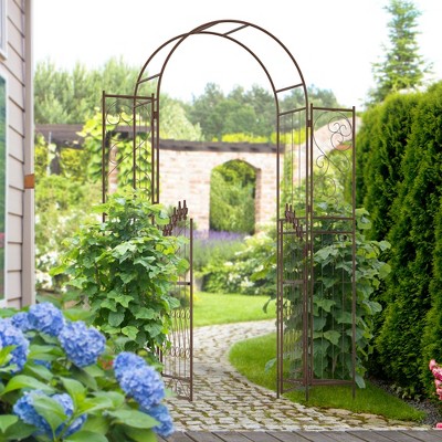 Brown Metal Garden Arbor with Fleur De Lis Motif and Gate