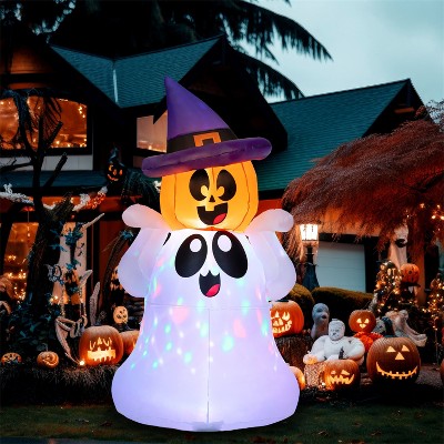 Joyfy 5 FT Halloween Inflatable Outdoor Decoration, Inflatable Playful Ghost with Pumpkin Witch Hat for Halloween Outdoor Yard Graden Lawn Decoration