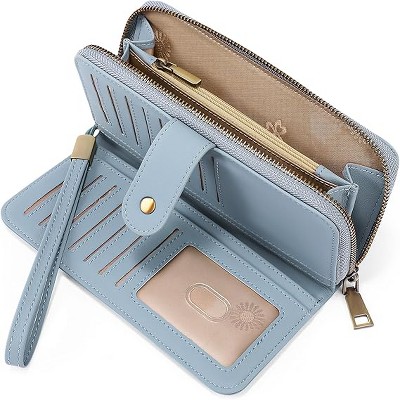 Ladies' Large Capacity Credit Card Wallet with RFID Theft Protection Double-Zip Pocket Genuine Leather Bifold Wallet Wristlet Clutch Bag