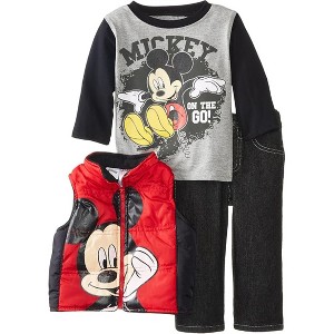 Disney Baby Boys' Mickey Mouse 3-Piece Vest, Shirt & Jeans Set, Red/Black, 12 Months - 1 of 4