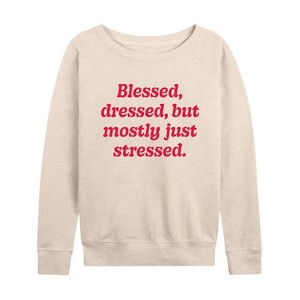 Women's - Instant Message - Mostly Just Stressed Lightweight French Terry Wide Neck Long Sleeve Shirt - 1 of 4