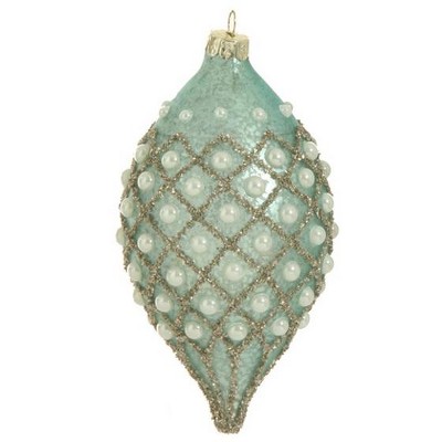 Raz Imports 4" Silent Luxury Aqua Blue Mercury Glass w/ Faux Pearls Christmas Finial Teardrop Ornament