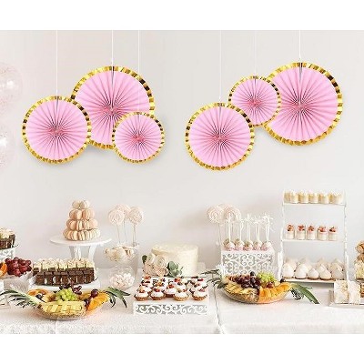 Pink and Gold Border Hanging Paper Fans Set of 6