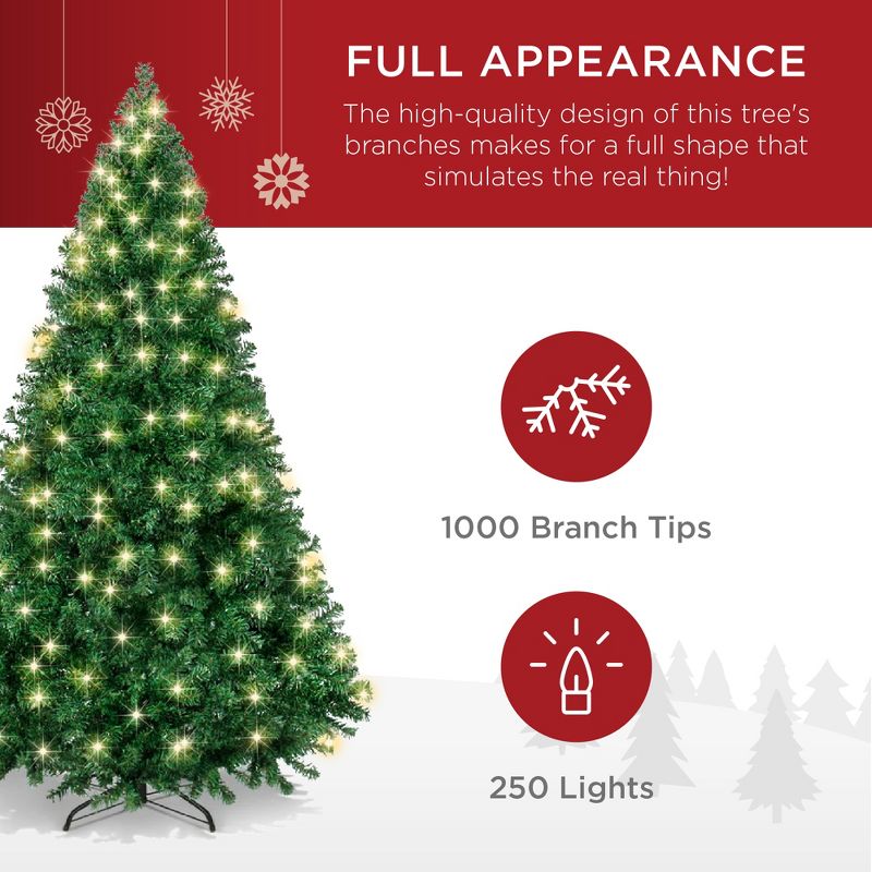 Best Choice Products 6ft Pre-Lit Premium Hinged Artificial Christmas Pine Tree w/ 1,000 Tips, 250 LED Lights, Metal Base, 3 of 8