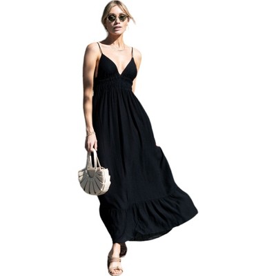 Amaryllis Women's Smocked Bodice Maxi Dress Spaghetti Straps V-Neck Flowy Summer Dress with Tiered Skirt  Day-to-Night