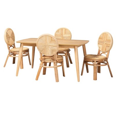 Natural Brown Rattan 5-Piece Dining Set with 4 Chairs