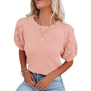 Women's Lightweight Short Sleeve Crewneck Sweaters Knit Pullover Tops with Casual Crochet Sleeve Blouse,Lotus Pink - S - 1 of 3