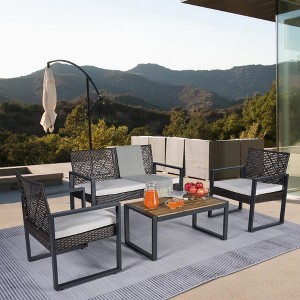 Patio Furniture Wicker Outdoor Bistro Set, 4-Piece Patio Furniture Rattan Conversation Sets for Backyard, Balcony and Deck, Gray and Beige Cushion - 1 of 4