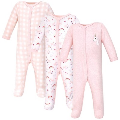 Luvable Friends Baby Girl Cotton Snap Sleep and Play 3pk, Unicorn, 6-9 Months