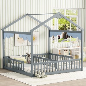 CAVINAS Double Twin House-Style Roof Bed Frame with Guardrails,Modern Floor Bed for Kids Room,Bedroom - 1 of 4