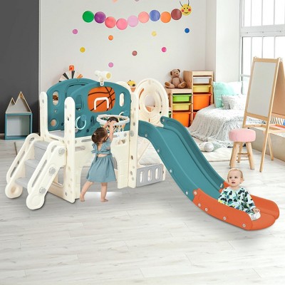 Whizmax 7-IN-1 Kids Slide Playset Structure---Castle Climbing Crawling Playhouse with Slide, Arch Tunnel, Ring Toss, and Basketball Hoop£¬Blue