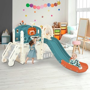 Whizmax 7-IN-1 Kids Slide Playset Structure---Castle Climbing Crawling Playhouse with Slide, Arch Tunnel, Ring Toss, and Basketball Hoop£¬Blue - 1 of 4