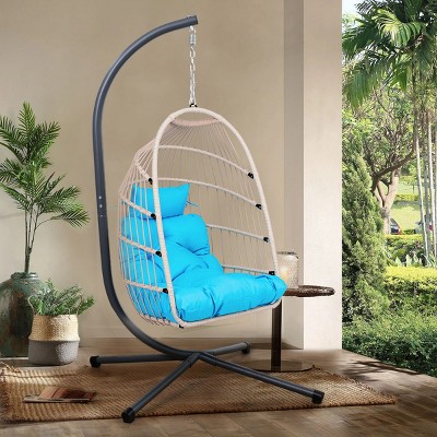 Outdoor Patio Egg Hanging Chair with Stand,Oversized Wicker Swing Chair with Cushions,Indoor Hammock Chair for Backyard Porch-Coolbibila