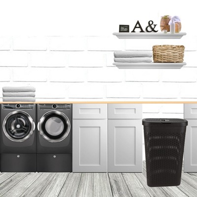 Brown Plastic Wicker Design Collapsible Laundry Basket with Lid