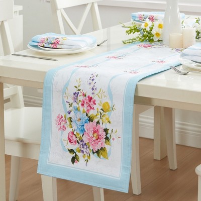Blue and White Floral Polyester Table Runner, 13x70