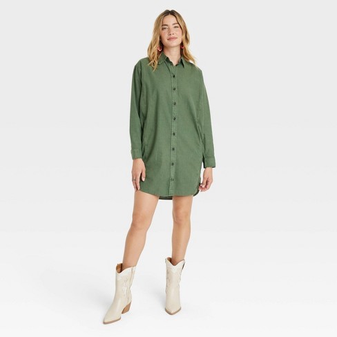 Women's Long Sleeve Mini Shirtdress - Universal Thread™ Green XL