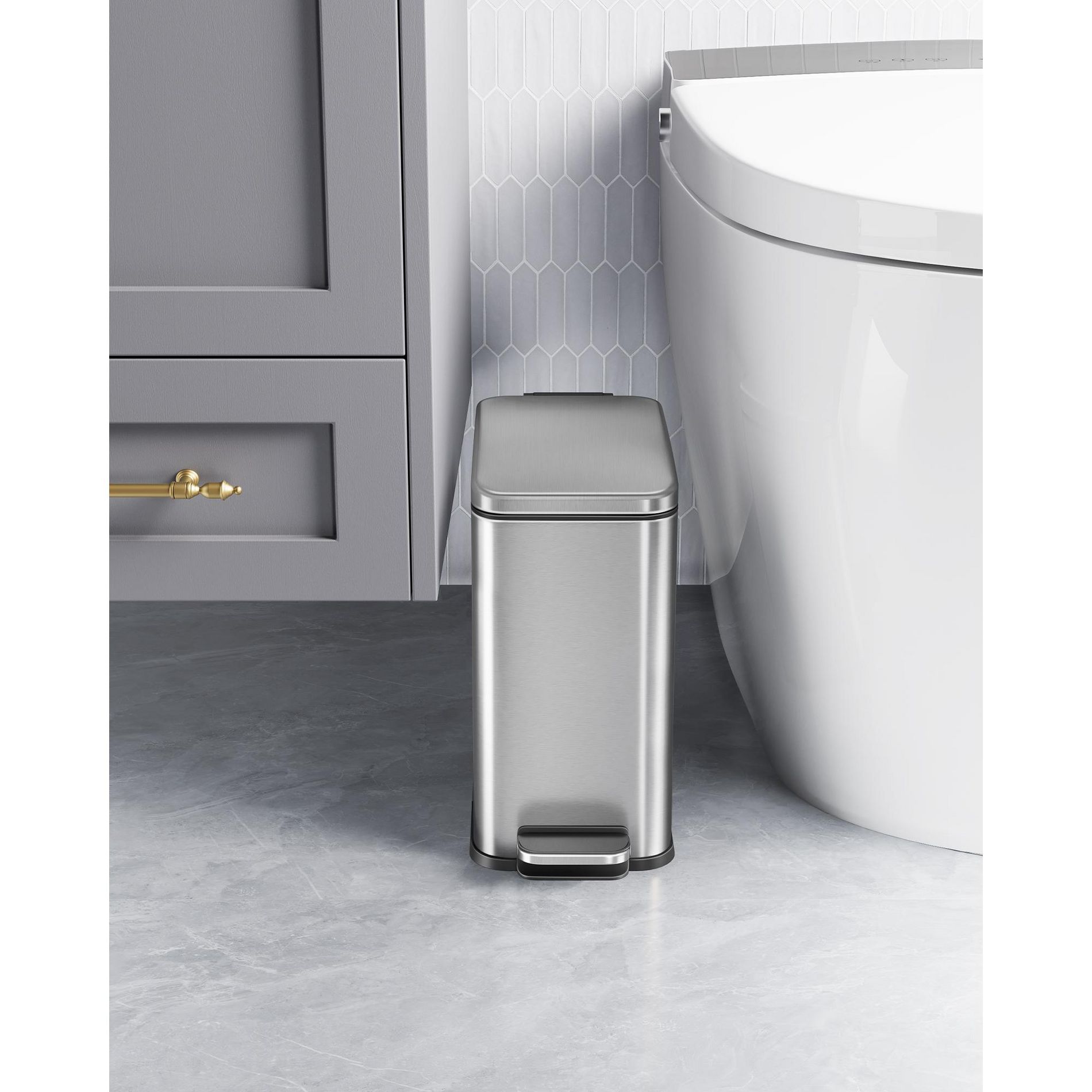 SONGMICS Bathroom Trash Can, 1.3 Gallon (5 L) Small Trash Bin with Lid, Slim for Small Spaces, Stainless Steel Garbage Can, Soft Close, Silver