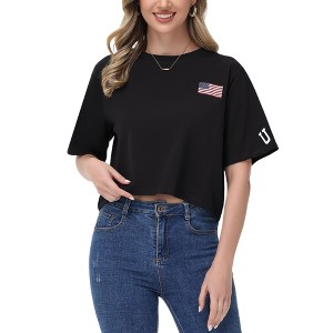 Anna-Kaci Women's Cropped Flag Graphic Tee with Short Sleeves and Crew Neckline - 1 of 4